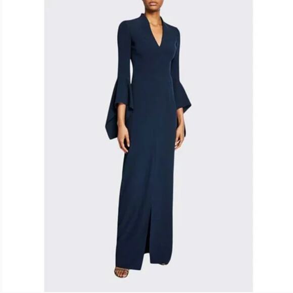 NEW $425 HALSTON Flounce Sleeve Maxi Gown Navy Blue - Picture 1 of 8